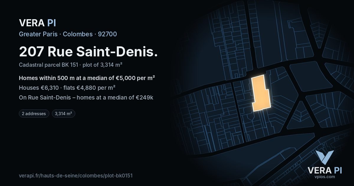 207 Rue Saint-Denis, Colombes at night – the plot lit, the parcels around coloured by the prices near them