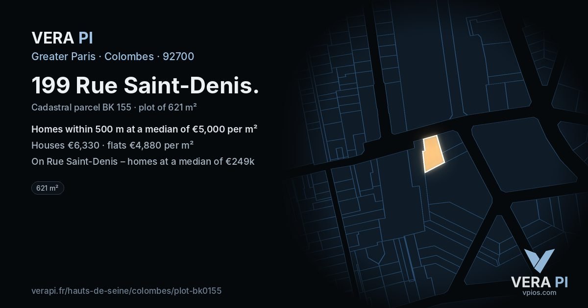 199 Rue Saint-Denis, Colombes at night – the plot lit, the parcels around coloured by the prices near them