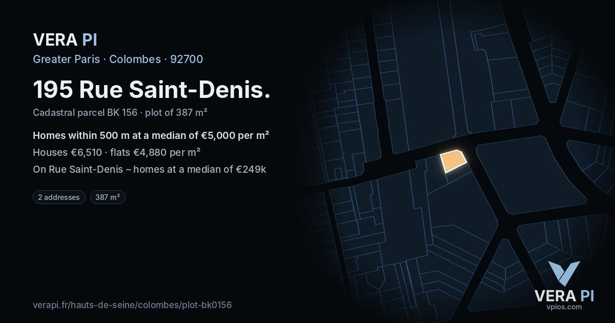 195 Rue Saint-Denis, Colombes at night – the plot lit, the parcels around coloured by the prices near them