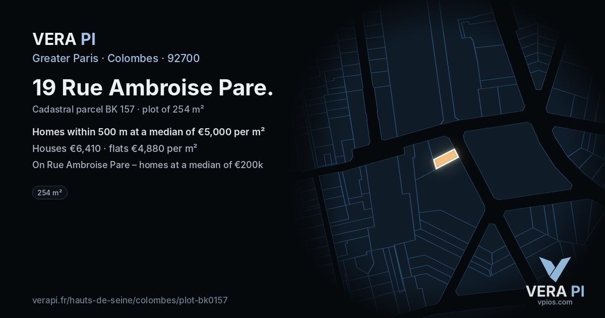 19 Rue Ambroise Pare, Colombes at night – the plot lit, the parcels around coloured by the prices near them