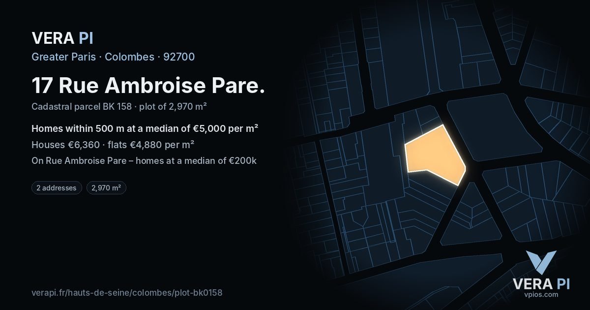 17 Rue Ambroise Pare, Colombes at night – the plot lit, the parcels around coloured by the prices near them
