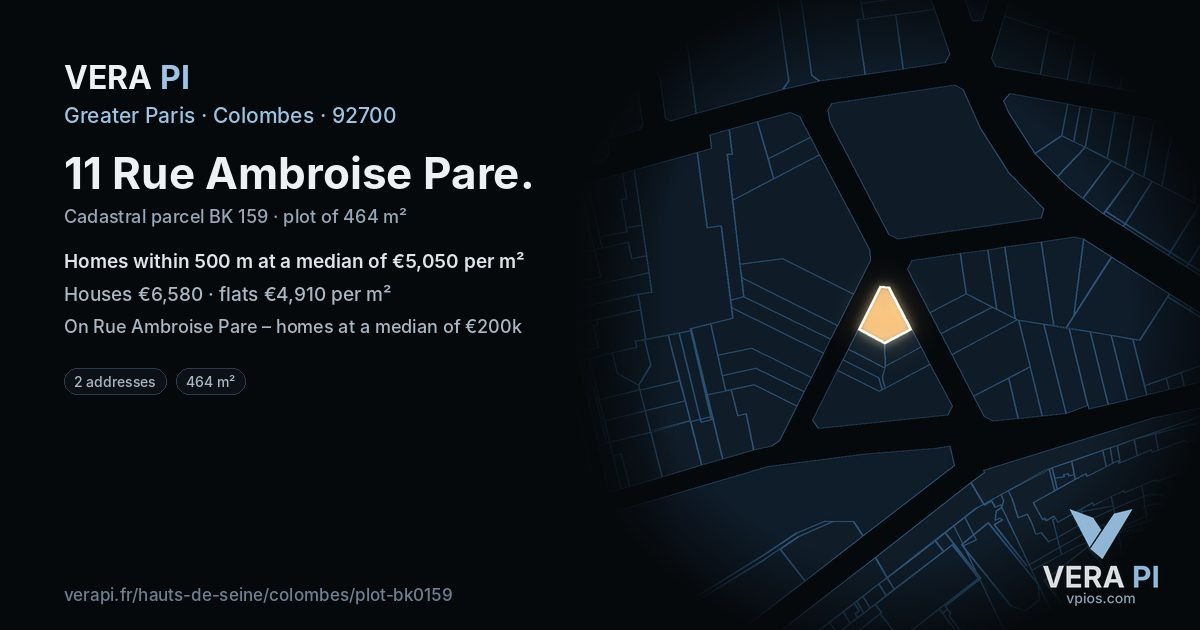 11 Rue Ambroise Pare, Colombes at night – the plot lit, the parcels around coloured by the prices near them