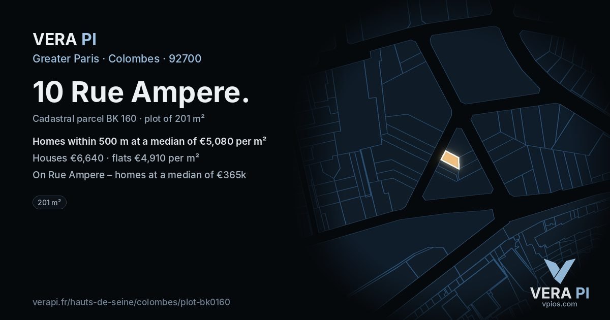 10 Rue Ampere, Colombes at night – the plot lit, the parcels around coloured by the prices near them