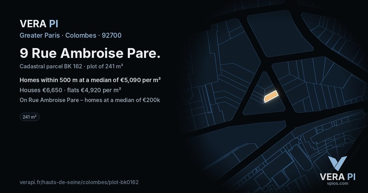 9 Rue Ambroise Pare, Colombes at night – the plot lit, the parcels around coloured by the prices near them