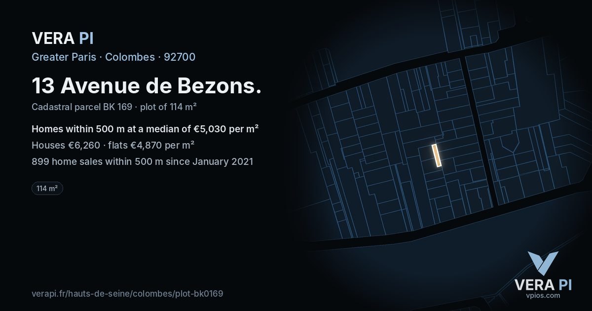 13 Avenue de Bezons, Colombes at night – the plot lit, the parcels around coloured by the prices near them