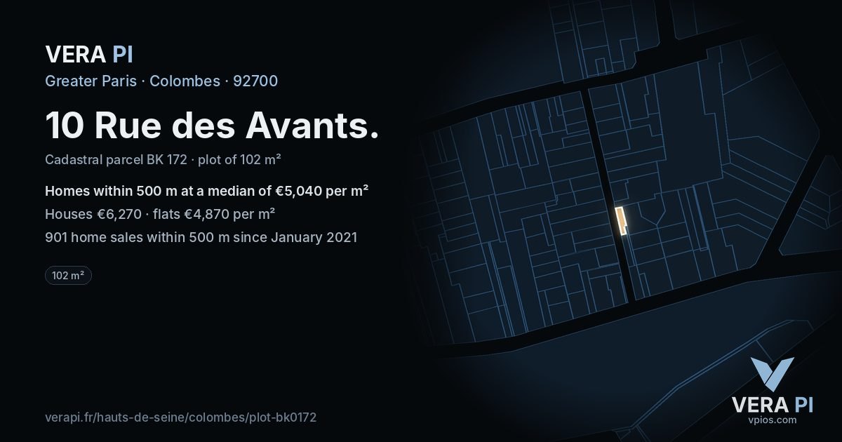 10 Rue des Avants, Colombes at night – the plot lit, the parcels around coloured by the prices near them