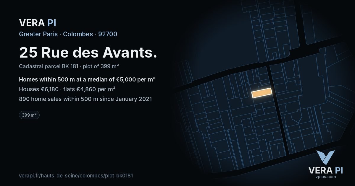 25 Rue des Avants, Colombes at night – the plot lit, the parcels around coloured by the prices near them