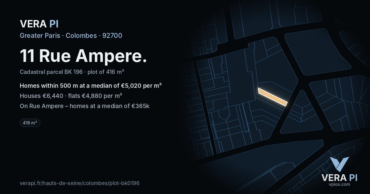11 Rue Ampere, Colombes at night – the plot lit, the parcels around coloured by the prices near them