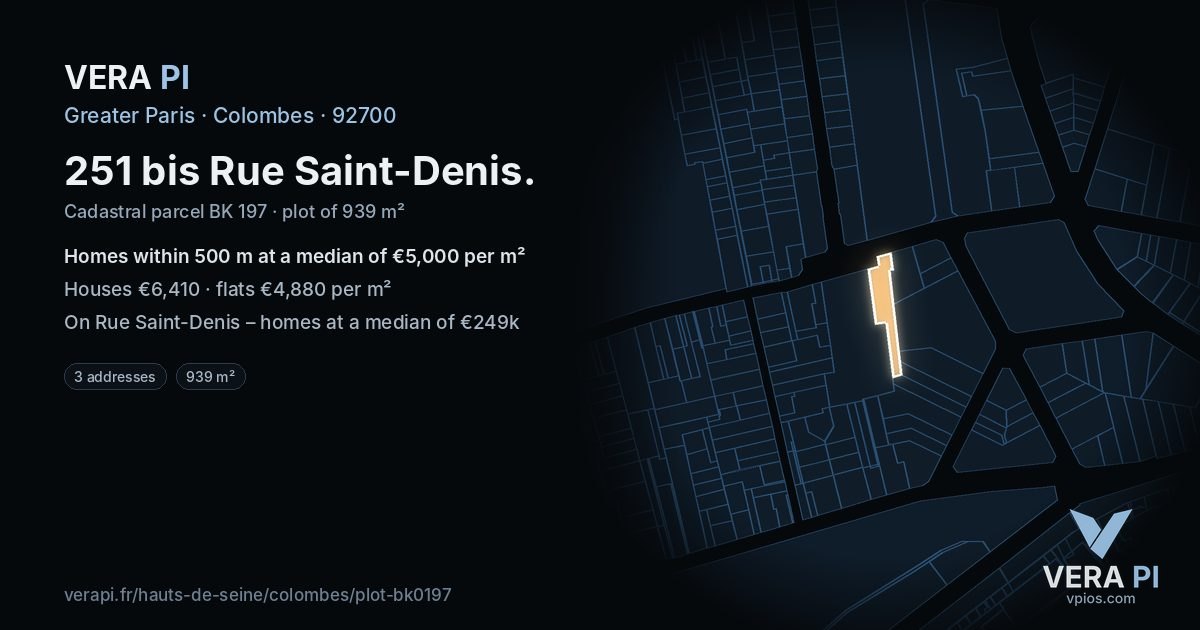 251 bis Rue Saint-Denis, Colombes at night – the plot lit, the parcels around coloured by the prices near them