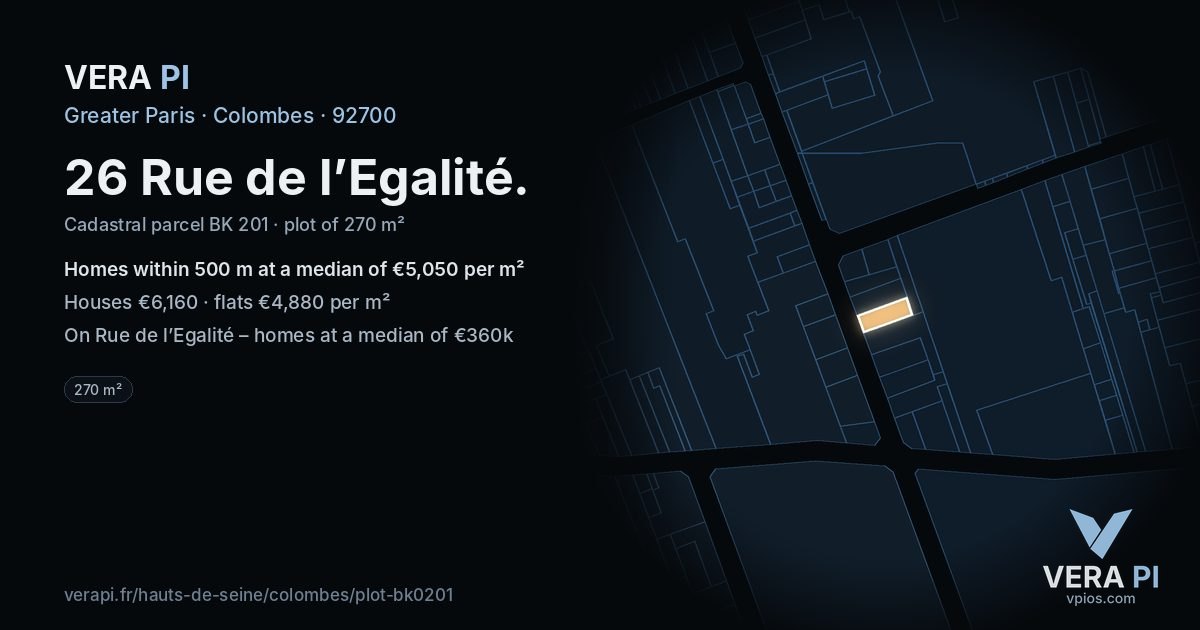 26 Rue de l’Egalité, Colombes at night – the plot lit, the parcels around coloured by the prices near them