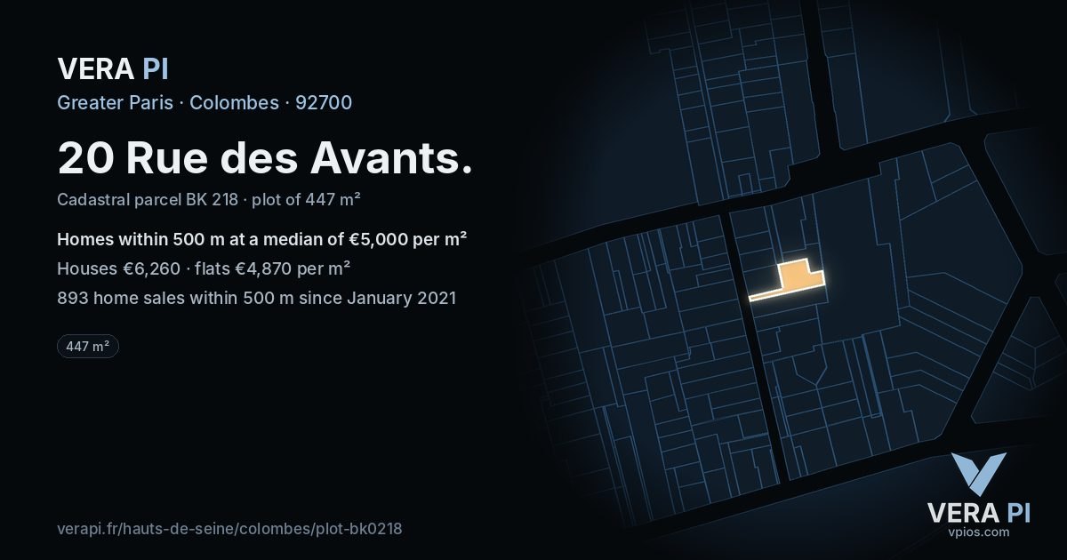 20 Rue des Avants, Colombes at night – the plot lit, the parcels around coloured by the prices near them