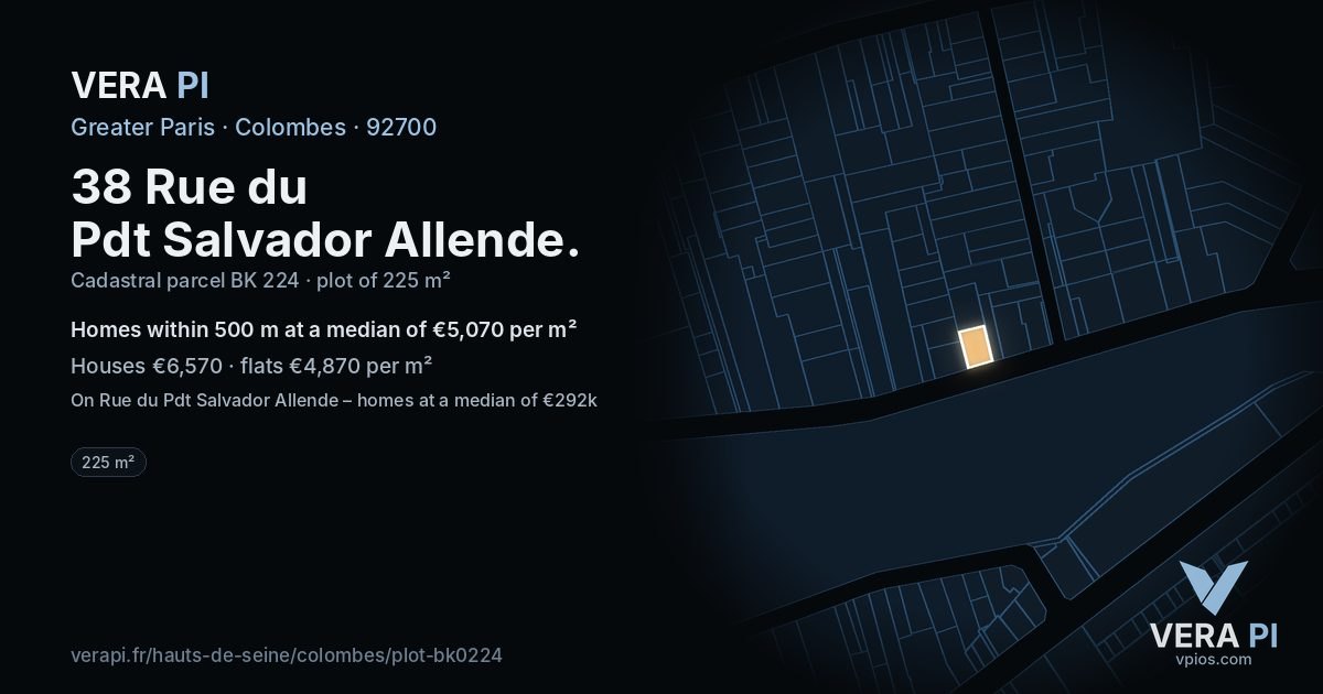 38 Rue du Pdt Salvador Allende, Colombes at night – the plot lit, the parcels around coloured by the prices near them