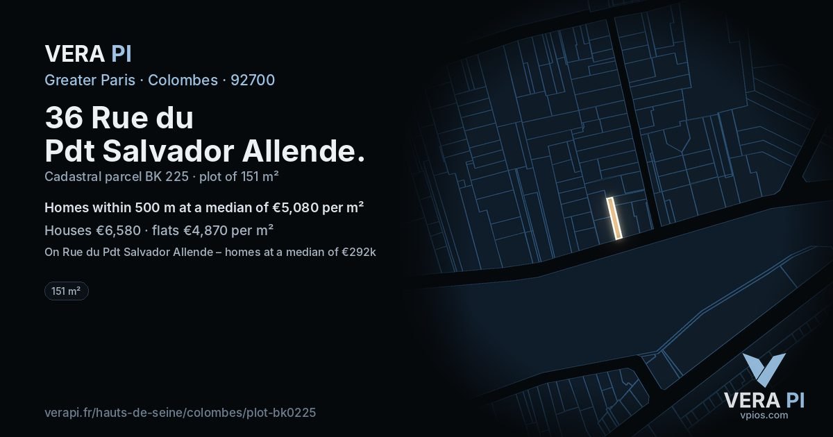 36 Rue du Pdt Salvador Allende, Colombes at night – the plot lit, the parcels around coloured by the prices near them