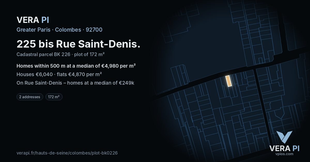225 bis Rue Saint-Denis, Colombes at night – the plot lit, the parcels around coloured by the prices near them
