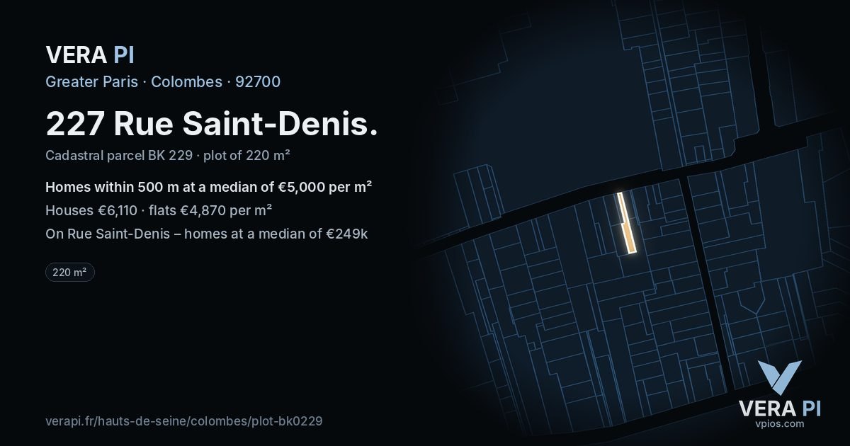 227 Rue Saint-Denis, Colombes at night – the plot lit, the parcels around coloured by the prices near them