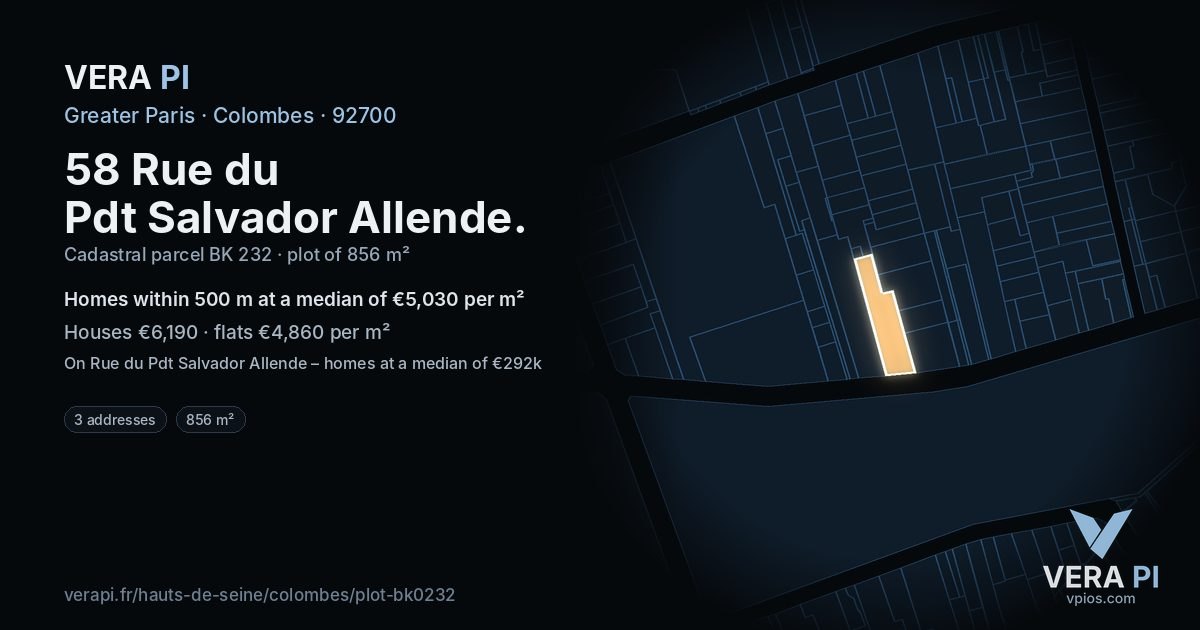 58 Rue du Pdt Salvador Allende, Colombes at night – the plot lit, the parcels around coloured by the prices near them