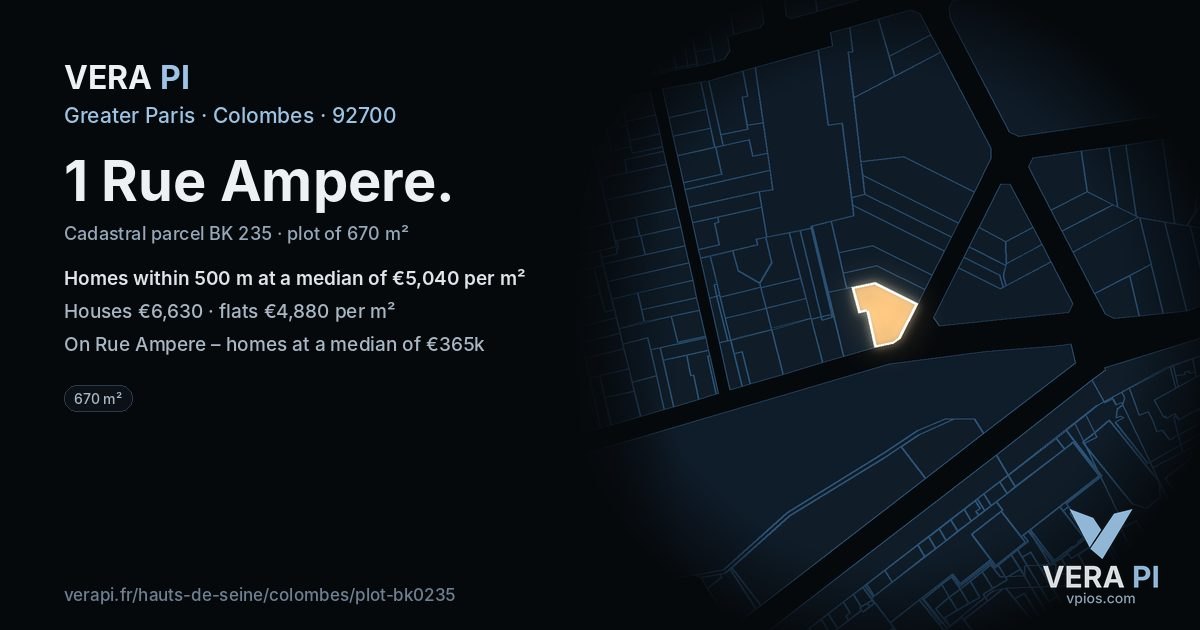 1 Rue Ampere, Colombes at night – the plot lit, the parcels around coloured by the prices near them