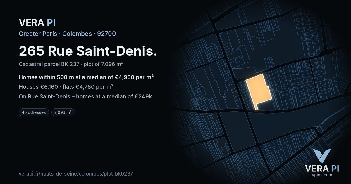 265 Rue Saint-Denis, Colombes at night – the plot lit, the parcels around coloured by the prices near them