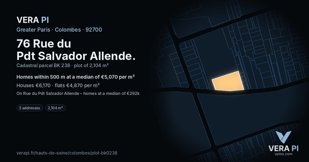 76 Rue du Pdt Salvador Allende, Colombes at night – the plot lit, the parcels around coloured by the prices near them