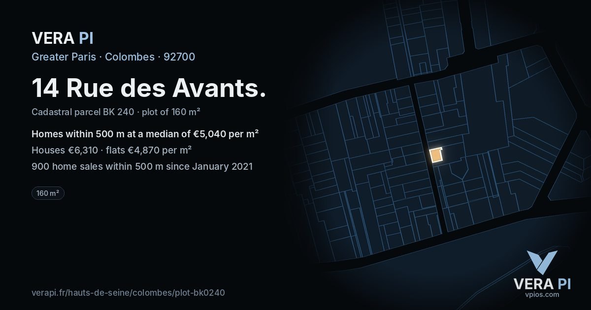 14 Rue des Avants, Colombes at night – the plot lit, the parcels around coloured by the prices near them