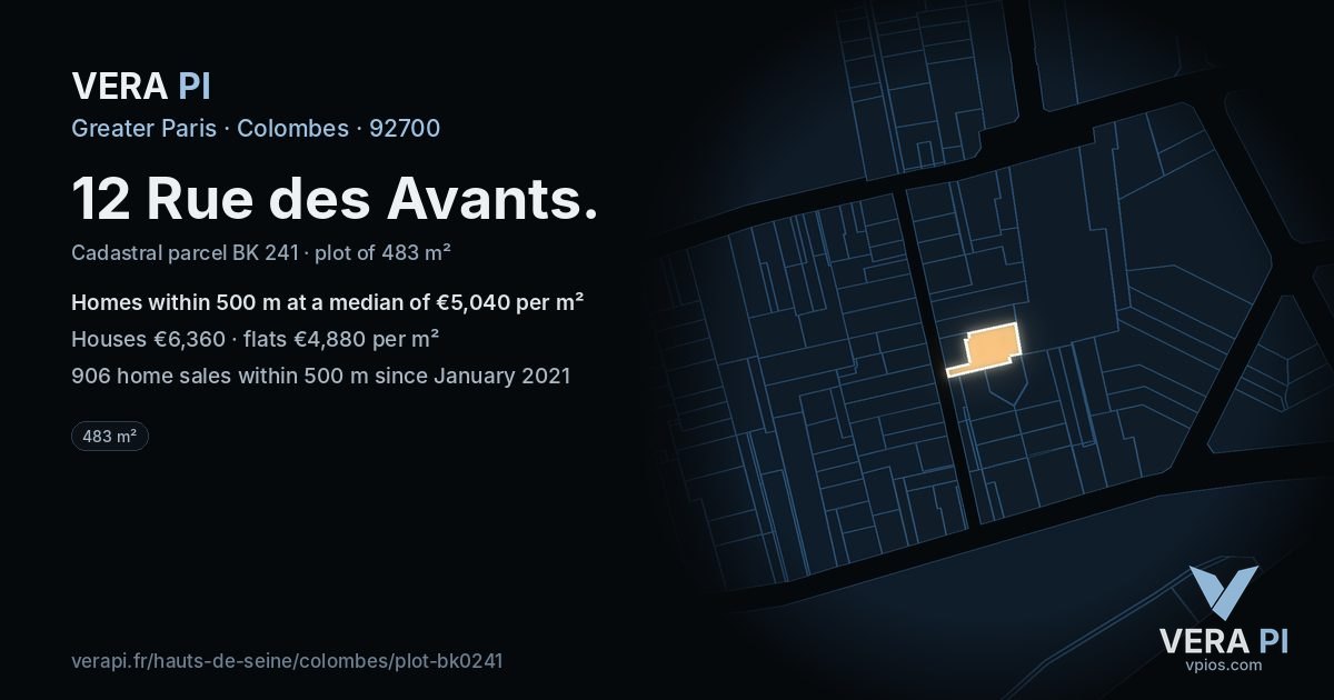 12 Rue des Avants, Colombes at night – the plot lit, the parcels around coloured by the prices near them