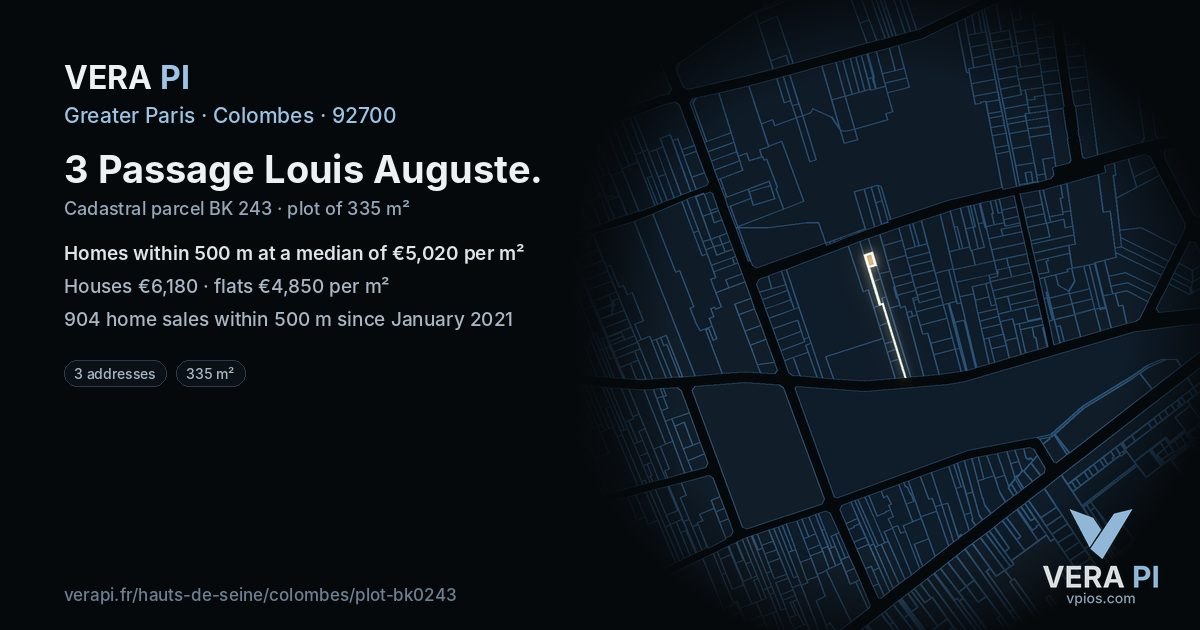 3 Passage Louis Auguste, Colombes at night – the plot lit, the parcels around coloured by the prices near them