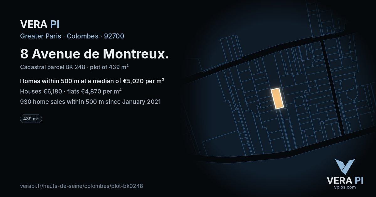 8 Avenue de Montreux, Colombes at night – the plot lit, the parcels around coloured by the prices near them