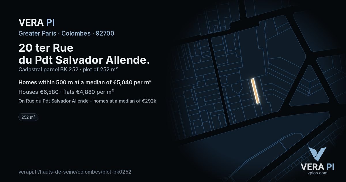 20 ter Rue du Pdt Salvador Allende, Colombes at night – the plot lit, the parcels around coloured by the prices near them