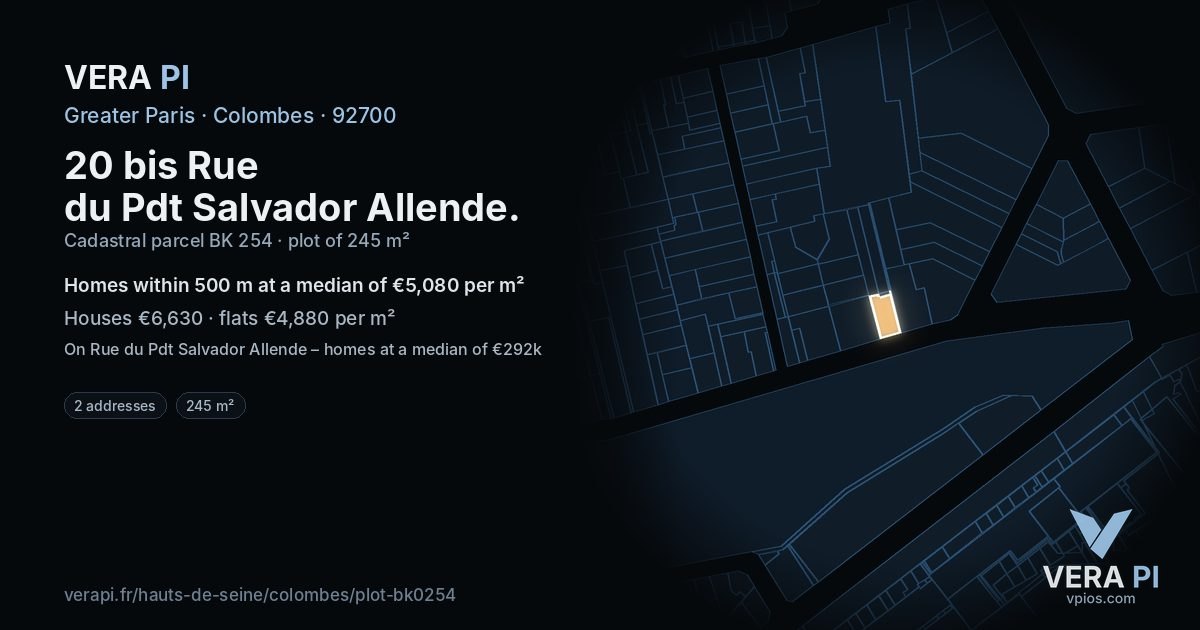 20 bis Rue du Pdt Salvador Allende, Colombes at night – the plot lit, the parcels around coloured by the prices near them