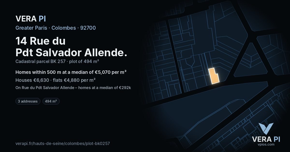 14 Rue du Pdt Salvador Allende, Colombes at night – the plot lit, the parcels around coloured by the prices near them