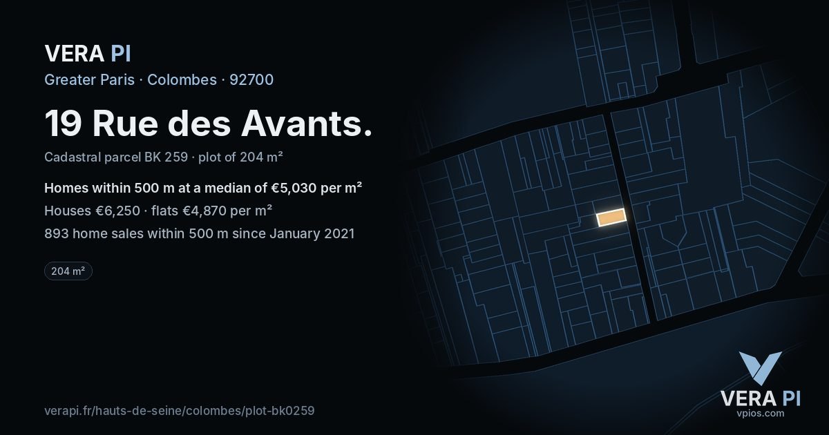 19 Rue des Avants, Colombes at night – the plot lit, the parcels around coloured by the prices near them