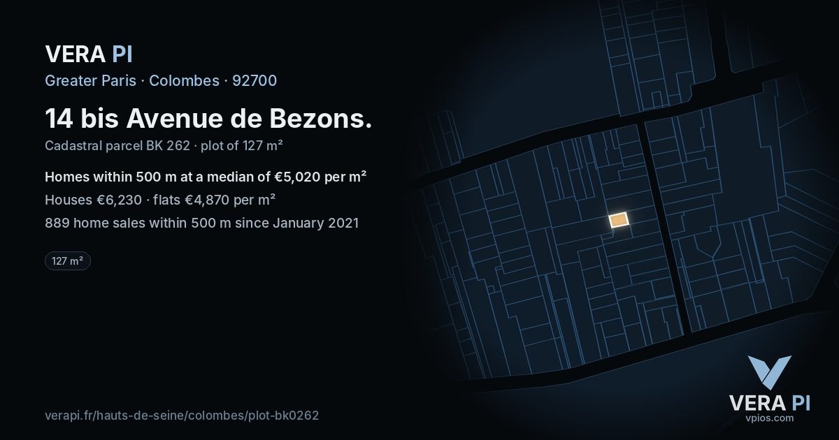 14 bis Avenue de Bezons, Colombes at night – the plot lit, the parcels around coloured by the prices near them