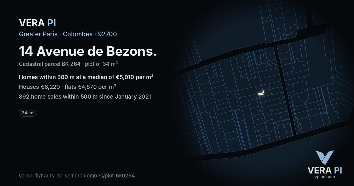 14 Avenue de Bezons, Colombes at night – the plot lit, the parcels around coloured by the prices near them