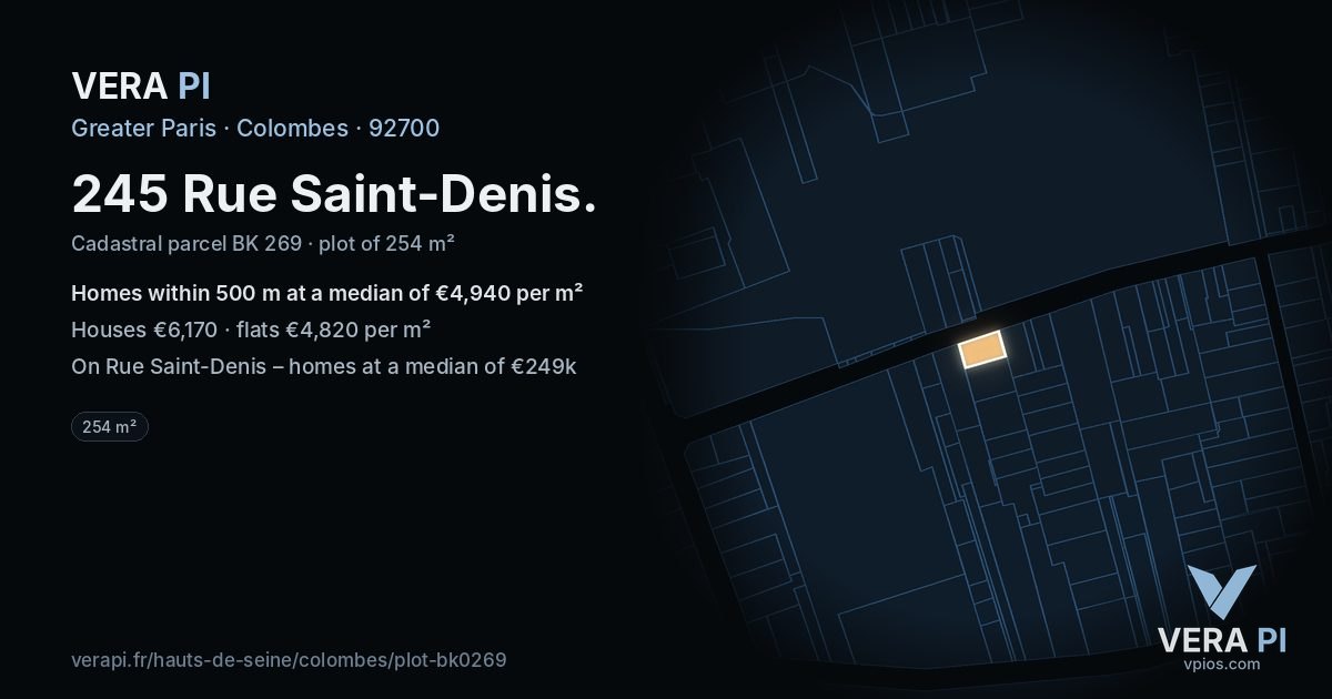 245 Rue Saint-Denis, Colombes at night – the plot lit, the parcels around coloured by the prices near them
