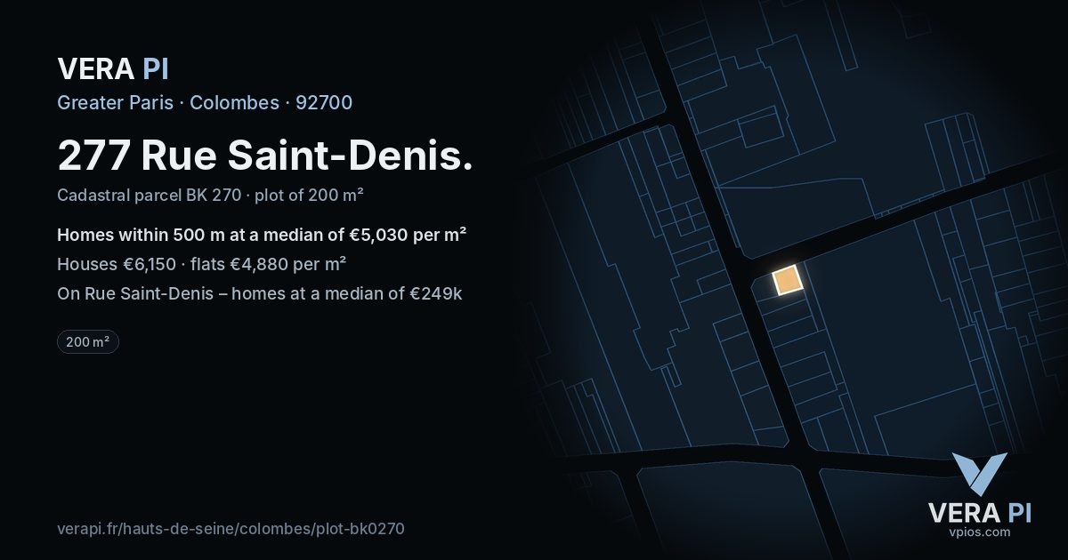 277 Rue Saint-Denis, Colombes at night – the plot lit, the parcels around coloured by the prices near them