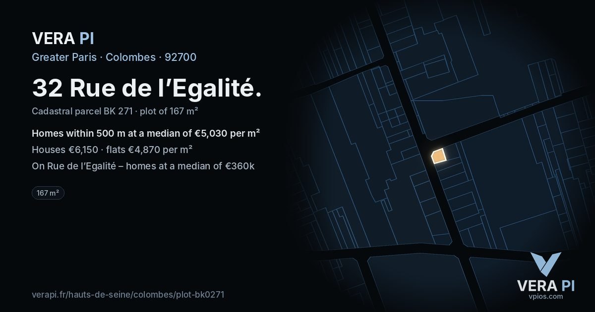 32 Rue de l’Egalité, Colombes at night – the plot lit, the parcels around coloured by the prices near them