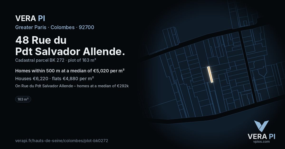 48 Rue du Pdt Salvador Allende, Colombes at night – the plot lit, the parcels around coloured by the prices near them