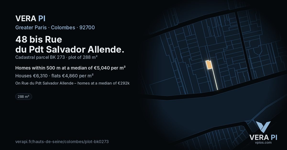 48 bis Rue du Pdt Salvador Allende, Colombes at night – the plot lit, the parcels around coloured by the prices near them
