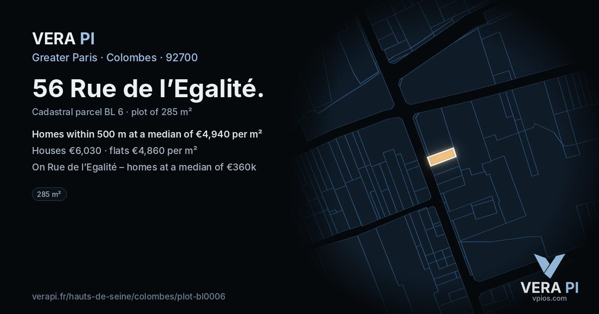 56 Rue de l’Egalité, Colombes at night – the plot lit, the parcels around coloured by the prices near them