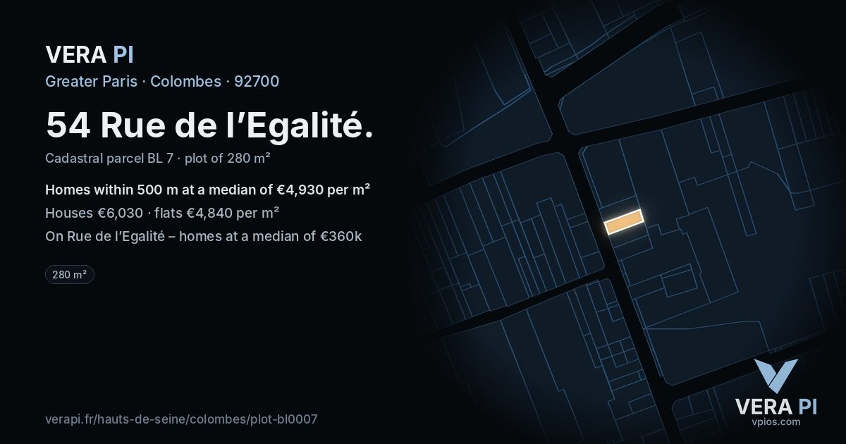 54 Rue de l’Egalité, Colombes at night – the plot lit, the parcels around coloured by the prices near them