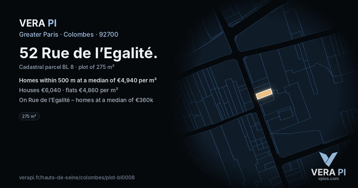 52 Rue de l’Egalité, Colombes at night – the plot lit, the parcels around coloured by the prices near them
