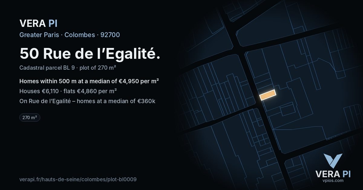 50 Rue de l’Egalité, Colombes at night – the plot lit, the parcels around coloured by the prices near them