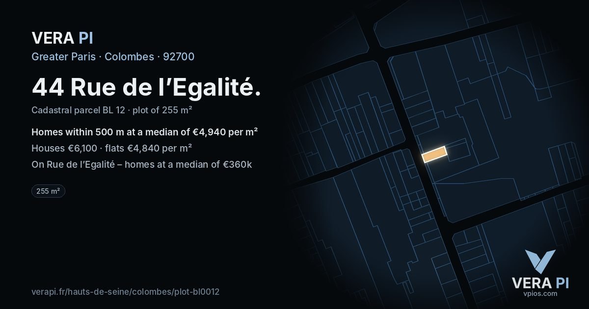 44 Rue de l’Egalité, Colombes at night – the plot lit, the parcels around coloured by the prices near them