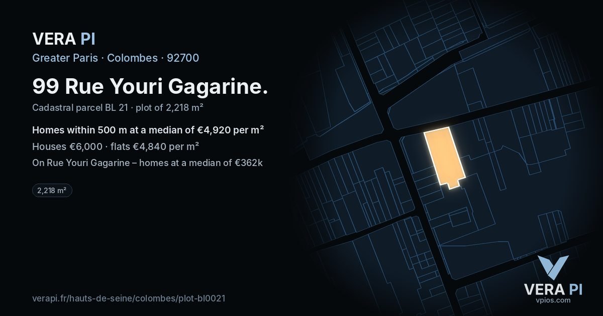99 Rue Youri Gagarine, Colombes at night – the plot lit, the parcels around coloured by the prices near them