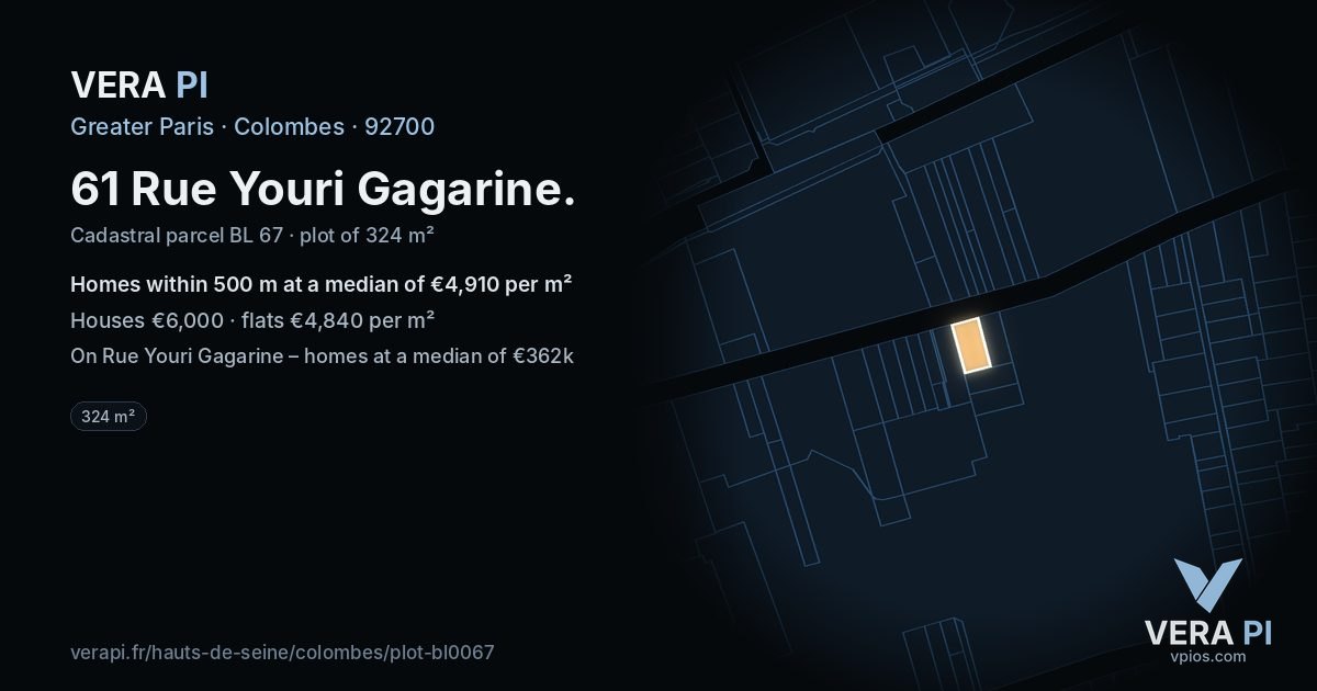61 Rue Youri Gagarine, Colombes at night – the plot lit, the parcels around coloured by the prices near them