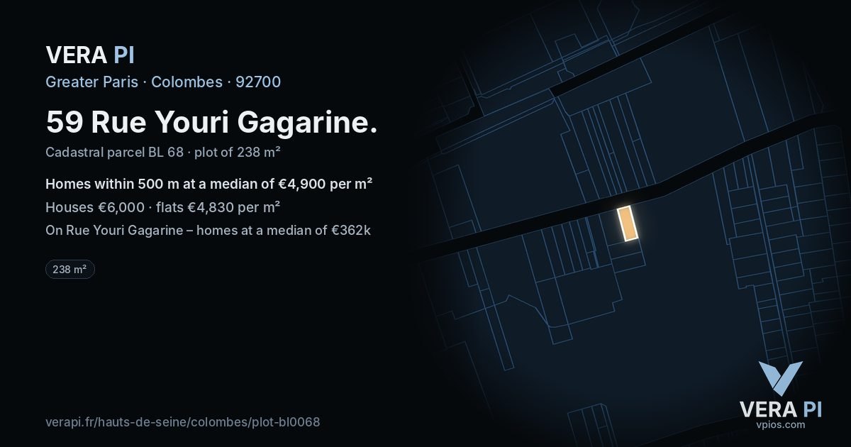 59 Rue Youri Gagarine, Colombes at night – the plot lit, the parcels around coloured by the prices near them