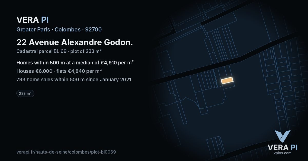 22 Avenue Alexandre Godon, Colombes at night – the plot lit, the parcels around coloured by the prices near them