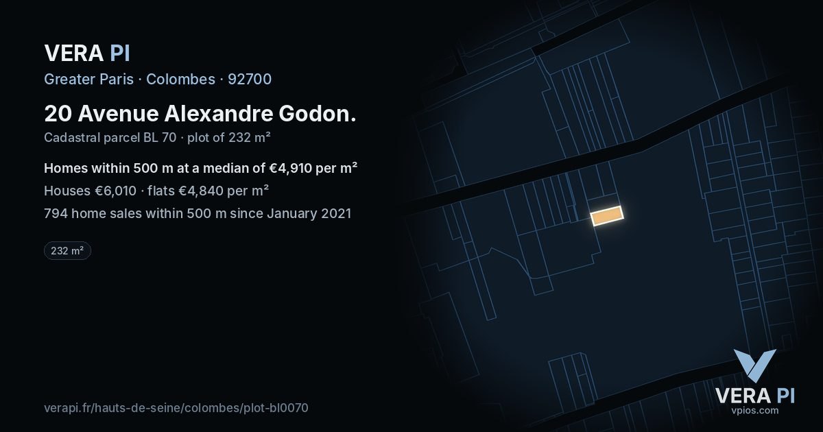 20 Avenue Alexandre Godon, Colombes at night – the plot lit, the parcels around coloured by the prices near them