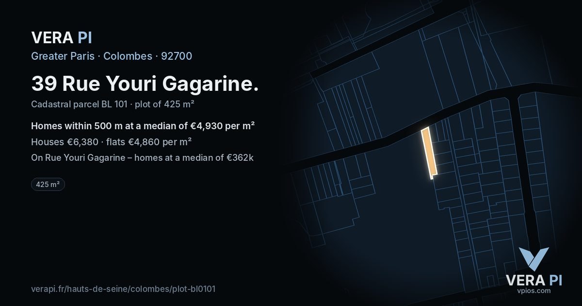 39 Rue Youri Gagarine, Colombes at night – the plot lit, the parcels around coloured by the prices near them