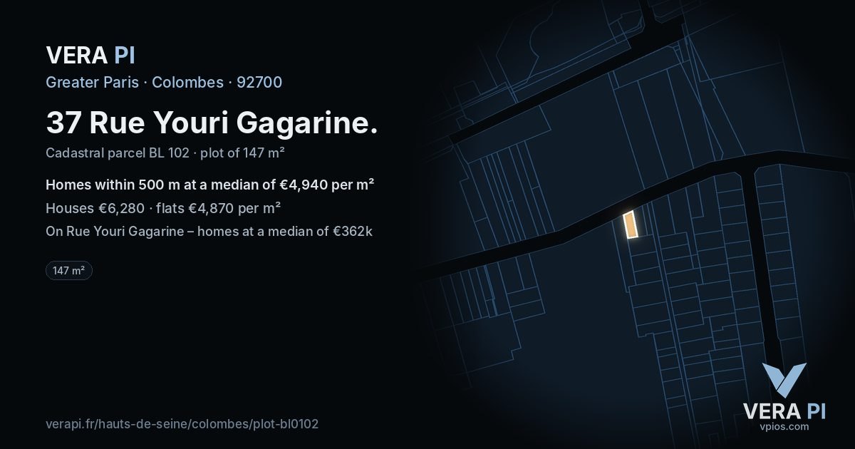 37 Rue Youri Gagarine, Colombes at night – the plot lit, the parcels around coloured by the prices near them